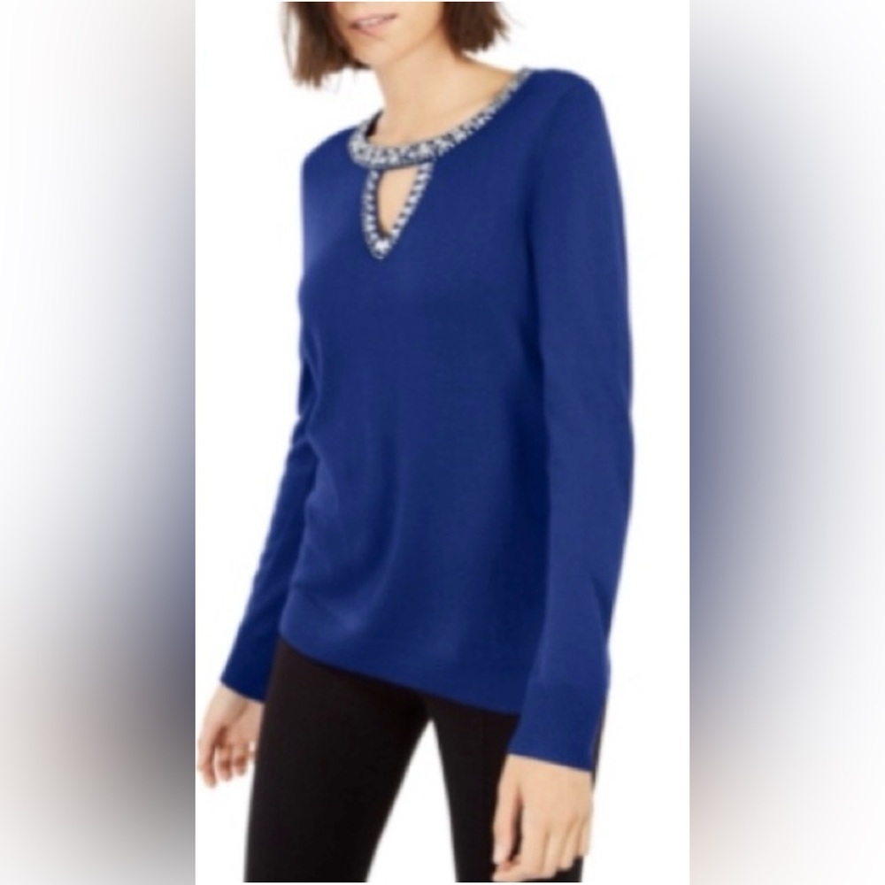 Inc. XS Blue Sweater Long Sleeves Embellished V Keyhole Cutout Ribbed Hem Soft